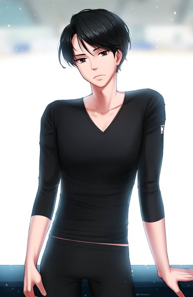 Anime picture 1000x1540 with yuri!!! on ice mappa lee seung-gil ango single tall image short hair black hair standing brown eyes signed blurry twitter username looking down sad boy