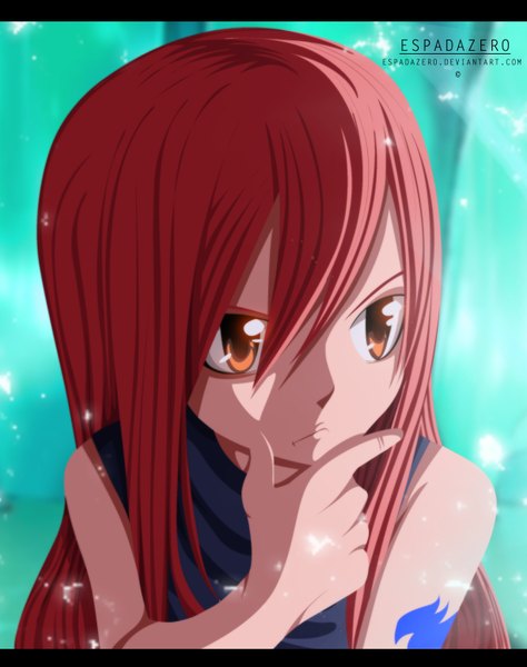 Anime picture 2450x3100 with fairy tail erza scarlet espadazero single long hair tall image highres brown eyes red hair tattoo coloring portrait letterboxed close-up girl