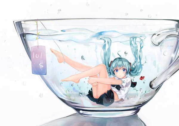 Anime picture 1529x1080 with vocaloid hatsune miku l.bou single long hair looking at viewer blush highres blue eyes white background twintails aqua hair bare legs girl skirt hair ornament animal shirt water bubble (bubbles)