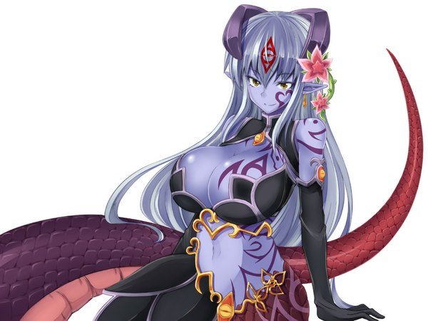 Anime picture 1000x750 with monster girl quest (game) alice fizu zanku (artist) single long hair breasts light erotic white background green eyes blue hair hair flower light smile pointy ears tattoo huge breasts monster girl snake tail lamia girl gloves