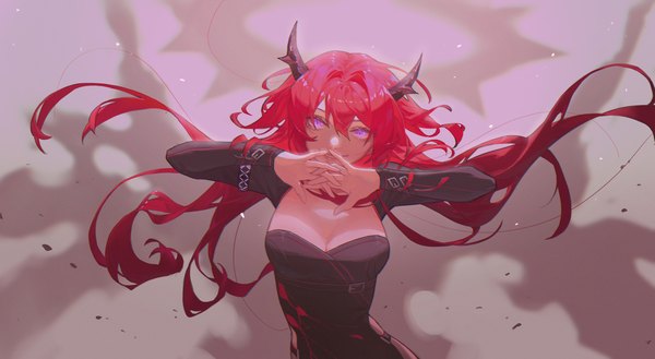 Anime picture 3978x2183 with arknights surtr (arknights) wushier single long hair looking at viewer fringe highres breasts smile hair between eyes wide image purple eyes absurdres cleavage upper body red hair long sleeves parted lips head tilt