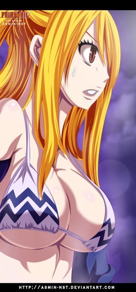 Anime picture 990x2119 with fairy tail lucy heartfilia iitheluciferii single long hair tall image breasts light erotic blonde hair large breasts brown eyes profile inscription sweat copyright name coloring letterboxed girl lingerie bra