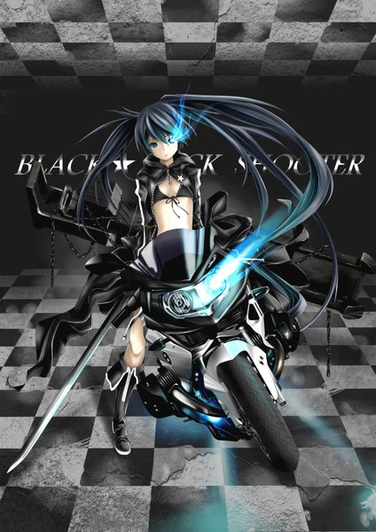 Anime picture 2480x3507 with black rock shooter black rock shooter (character) i-la long hair tall image highres blue eyes black hair twintails glowing glowing eye (eyes) checkered floor girl weapon sword cloak bikini top motorcycle