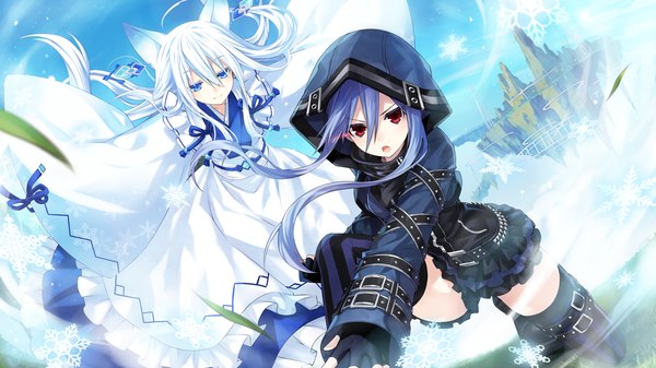 Anime picture 1280x720 with fairy fencer f ethel (fairy fencer f) karin (fairy fencer f) tsunako long hair looking at viewer fringe open mouth blue eyes hair between eyes red eyes wide image multiple girls animal ears blue hair game cg sky white hair long sleeves looking down