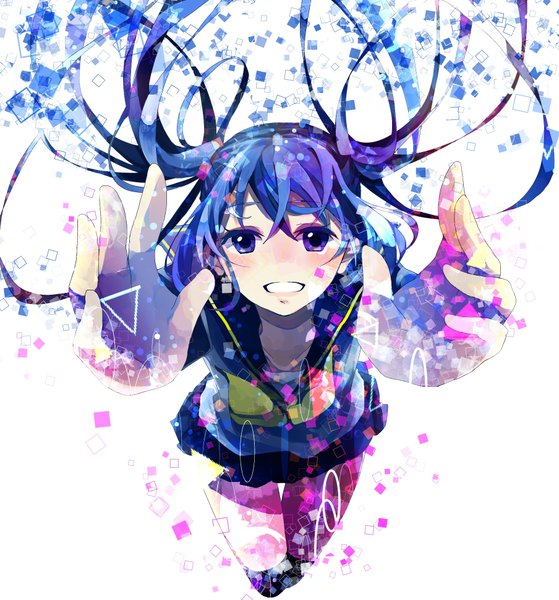 Anime picture 1808x1941 with vocaloid hatsune miku hoshino kisora single long hair tall image looking at viewer blush fringe highres open mouth blue eyes white background purple eyes twintails blue hair happy looking up girl thighhighs