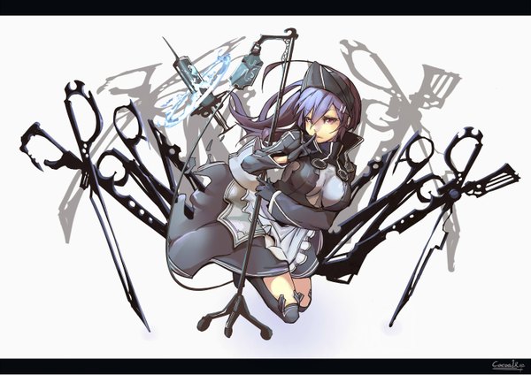 Anime picture 2923x2066 with original cocoaore single long hair highres red eyes holding blue hair shadow finger to mouth girl dress gloves hair ornament hairclip black dress apron knee boots scissors syringe