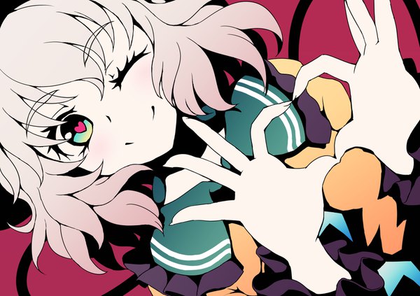 Anime picture 1920x1356 with touhou komeiji koishi dise single looking at viewer fringe highres short hair smile green eyes white hair one eye closed symbol-shaped pupils heart-shaped pupils white skin heart hands high contrast girl heart