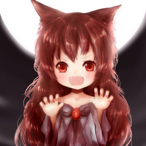 Anime picture 2000x2000 with touhou imaizumi kagerou amanojaku (artist) single long hair looking at viewer blush highres open mouth red eyes brown hair bare shoulders animal ears fingernails night teeth fang (fangs) night sky portrait wolf ears