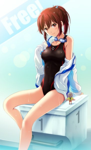 Anime picture 670x1100 with free! kyoto animation matsuoka gou shian (my lonly life.) single long hair tall image blush light erotic smile red eyes ponytail red hair girl swimsuit goggles pool
