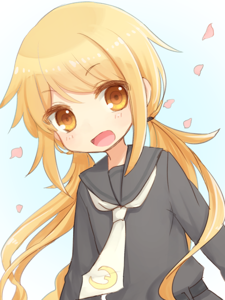 Anime picture 900x1200 with kantai collection satsuki destroyer sawatari (sado) single long hair tall image looking at viewer blush fringe open mouth blonde hair twintails yellow eyes low twintails girl uniform petals necktie