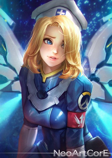 Anime picture 700x990 with overwatch blizzard entertainment mercy (overwatch) combat medic ziegler nudtawut thongmai single tall image fringe short hair breasts blue eyes blonde hair signed looking away upper body parted lips lips hair over one eye realistic inscription