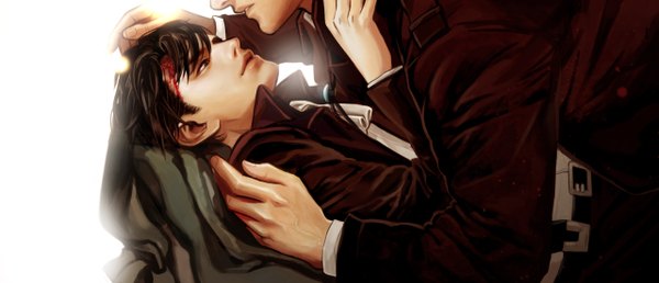 Anime picture 1280x552 with shingeki no kyojin production i.g levi (rivaille) erwin smith o! (artist) short hair black hair simple background wide image white background lying black eyes realistic multiple boys face to face head out of frame shounen ai boy jacket blood