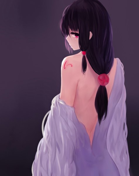 Anime picture 1576x1996 with original pixiv fantasia pixiv fantasia t kisei2 single long hair tall image looking at viewer blush fringe light erotic black hair simple background red eyes bare shoulders upper body ponytail looking back from behind tattoo