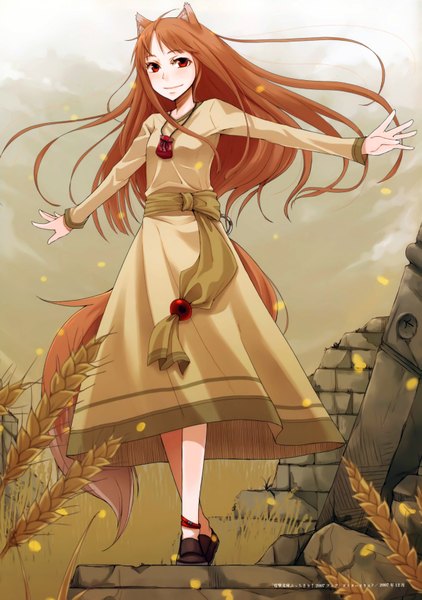 Anime picture 4884x6943 with spice and wolf horo ayakura juu single long hair tall image highres red eyes brown hair animal ears absurdres scan spread arms girl dress
