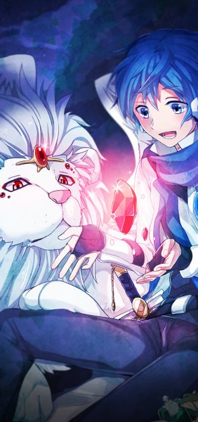 Anime picture 620x1318 with vocaloid kaito (vocaloid) juugonichi tall image short hair open mouth blue eyes red eyes sitting blue hair looking down light happy boy gloves weapon animal sword scarf fingerless gloves