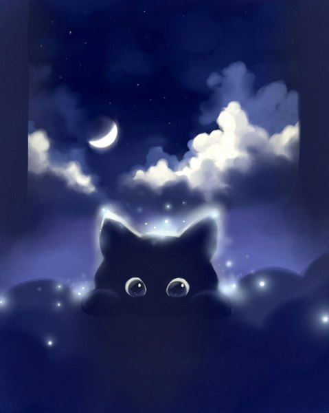 Anime picture 1022x1280 with original apofiss tall image cloud (clouds) night night sky dark background framed crescent eyes animal moon cat fireflies