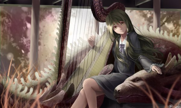 Anime picture 4134x2480 with original lepus single long hair looking at viewer blush highres smile wide image sitting green eyes absurdres green hair knees touching music girl uniform musical instrument dragon monster