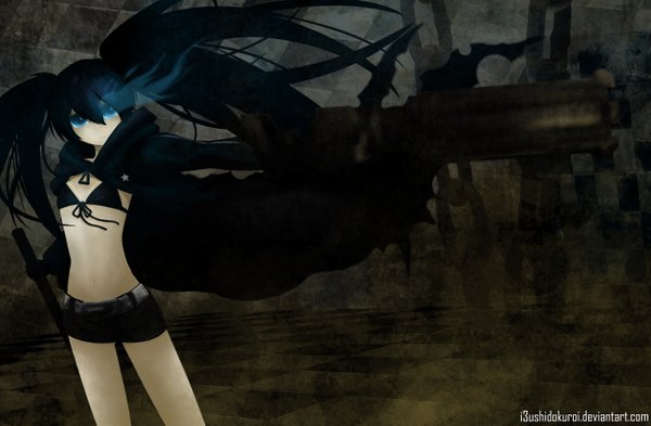 Anime picture 2700x1769 with black rock shooter black rock shooter (character) single long hair highres blue eyes black hair twintails inscription glowing glowing eye (eyes) girl weapon sword shorts chain bikini top