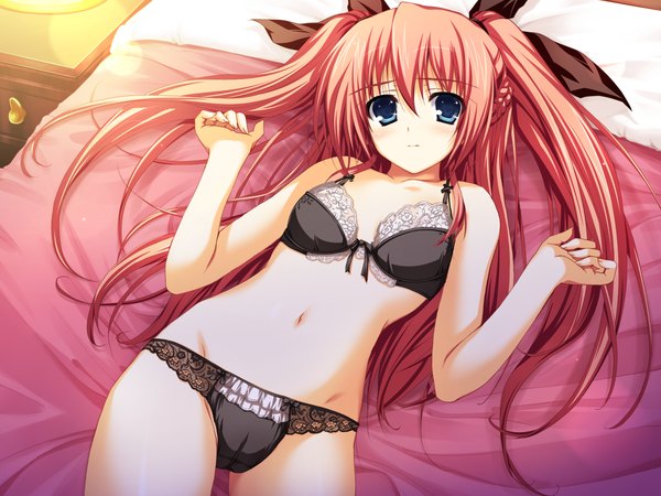 Anime picture 1600x1200 with akatsuki no goei nikaidou reika tomose shunsaku single long hair looking at viewer blue eyes light erotic twintails pink hair game cg underwear only girl navel underwear panties bow hair bow lingerie bra