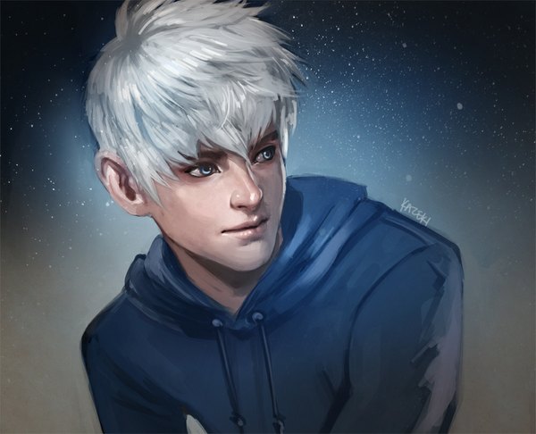 Anime picture 1000x811 with rise of the guardians dreamworks jack frost (rise of the guardians) kazeki single short hair blue eyes signed looking away silver hair realistic boy hoodie