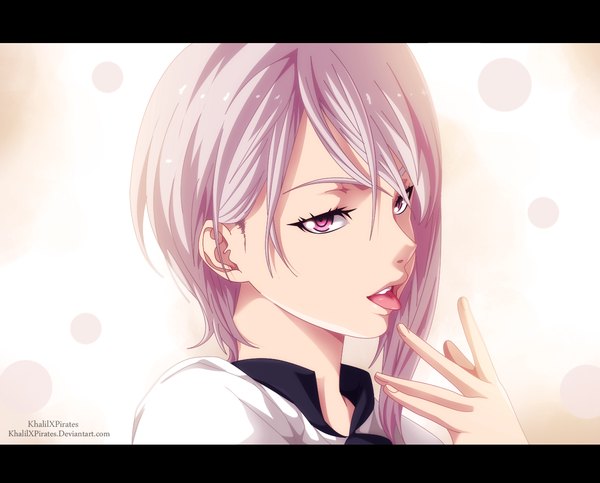 Anime picture 1280x1032 with shokugeki no soma j.c. staff nakiri alice khalilxpirates single looking at viewer short hair open mouth signed pink eyes grey hair coloring portrait face girl tongue