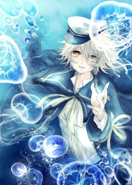 Anime picture 1000x1399 with vocaloid oliver maclo (makuro) single tall image looking at viewer short hair open mouth smile brown eyes white hair underwater boy uniform peaked cap jellyfish