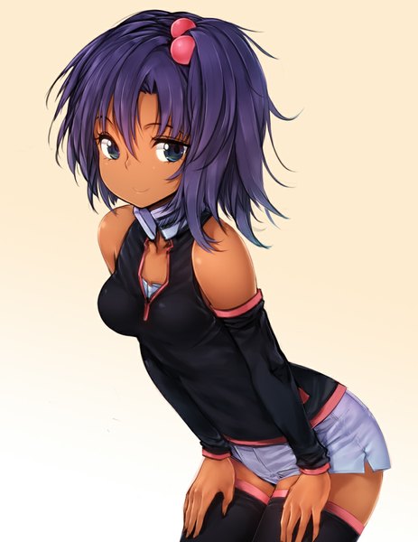 Anime picture 849x1099 with sd gundam g generation rachel ransom zizi (zz22) single tall image looking at viewer short hair blue eyes simple background bare shoulders blue hair dark skin girl thighhighs hair ornament black thighhighs shorts hair tie hair bobbles white shorts