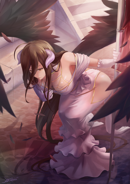 Anime picture 1061x1500 with overlord (maruyama) madhouse albedo (overlord) johnson zhuang single long hair tall image breasts light erotic black hair brown eyes horn (horns) girl dress gloves wings white gloves feather (feathers)