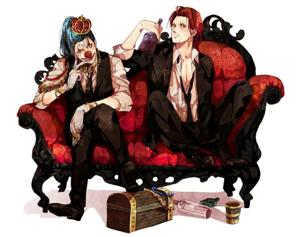 Anime picture 1024x800 with one piece toei animation shanks buggy the clown mcr (artist) short hair smile red eyes white background sitting blue hair full body ponytail red hair open clothes open shirt scar face paint clown boy