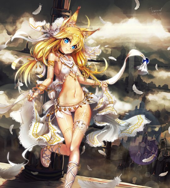 Anime picture 901x1000 with original glycyrrhizae single long hair tall image looking at viewer blush blue eyes light erotic blonde hair smile bare shoulders animal ears cloud (clouds) midriff fox ears city girl navel flower (flowers)
