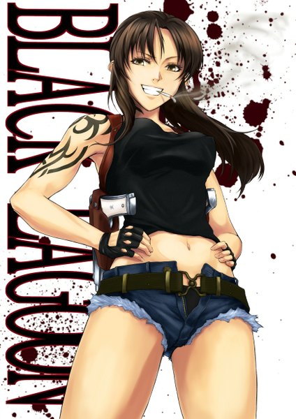 Anime picture 868x1228 with black lagoon madhouse revy (black lagoon) din (raiden) single long hair tall image looking at viewer light erotic brown hair brown eyes from below tattoo copyright name smoke smoking hands on hips girl gloves navel