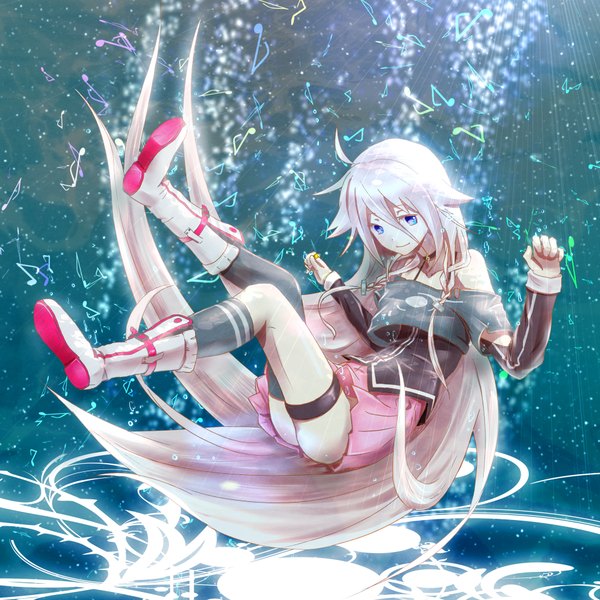 Anime picture 1920x1920 with vocaloid ia (vocaloid) single highres smile looking away pink hair very long hair aqua eyes falling girl skirt boots musical note pink skirt