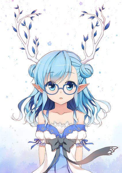 Anime picture 800x1131 with original terras single long hair tall image looking at viewer open mouth blue eyes white background bare shoulders blue hair horn (horns) pointy ears hair bun (hair buns) girl dress flower (flowers) glasses leaf (leaves) sundress