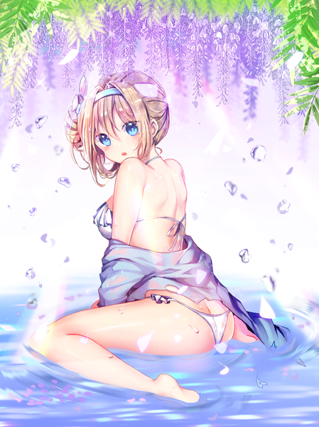 Anime picture 867x1158 with girls frontline suomi kp31 (girls frontline) seno (senohime) single long hair tall image looking at viewer fringe breasts blue eyes light erotic blonde hair hair between eyes sitting ass barefoot off shoulder wariza alternate hairstyle hair up