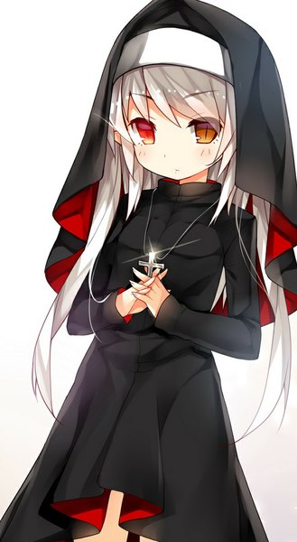 Anime picture 600x1094 with original saru (longbb) single long hair tall image looking at viewer blush simple background red eyes standing white background brown eyes silver hair heterochromia interlocked fingers nun girl cross necklace cross necklace