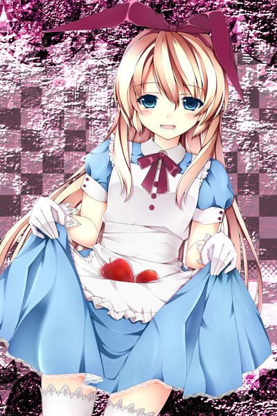 Anime picture 2000x3000 with alice in wonderland alice (wonderland) bud146 single long hair tall image looking at viewer blush highres open mouth blue eyes blonde hair girl thighhighs dress gloves bow hair bow white thighhighs apple
