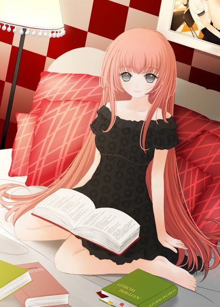 Anime picture 1500x2093 with ervin (jennlung) single long hair tall image smile red hair barefoot silver eyes checkered girl pillow book (books) lamp