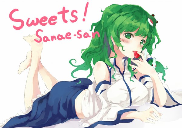 Anime picture 1011x715 with touhou kochiya sanae nanahara fuyuki single long hair blush simple background white background bare shoulders green eyes lying japanese clothes green hair inscription on stomach girl hair ornament detached sleeves food hair tubes