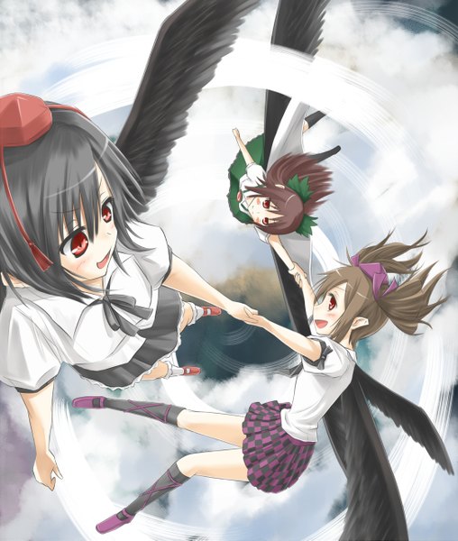 Anime picture 1100x1299 with touhou shameimaru aya reiuji utsuho himekaidou hatate suzushiro yukari long hair tall image blush short hair open mouth smile red eyes brown hair twintails :d grey hair holding hands flying black wings checkered skirt