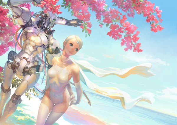 Anime picture 1674x1191 with original takayama toshiaki short hair blonde hair bare shoulders green eyes white hair girl thighhighs gloves flower (flowers) plant (plants) white thighhighs tree (trees) elbow gloves sea robot mecha shawl cable