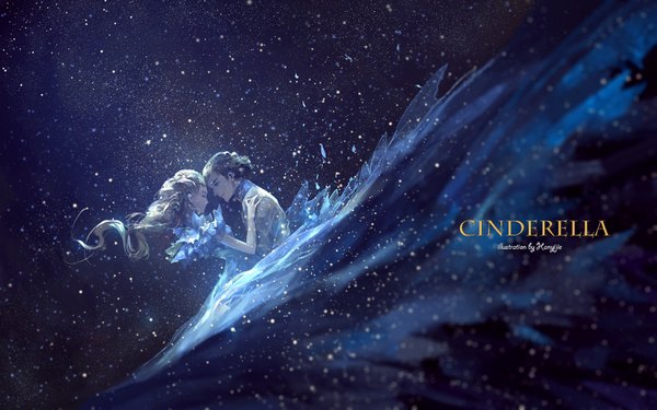 Anime picture 2000x1250 with the story of cinderella cinderella hanyijie long hair highres short hair blue eyes blonde hair brown hair eyes closed inscription space girl dress boy star (stars)