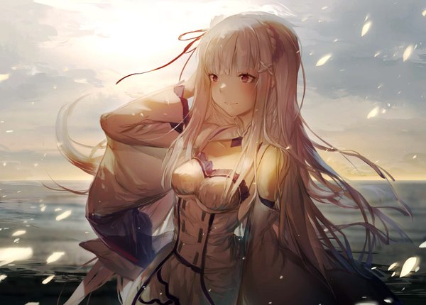 Anime picture 1748x1254 with re:zero kara hajimeru isekai seikatsu white fox emilia (re:zero) sa'yuki single long hair tall image blush fringe highres breasts smile purple eyes bare shoulders cleavage silver hair cloud (clouds) upper body outdoors braid (braids)