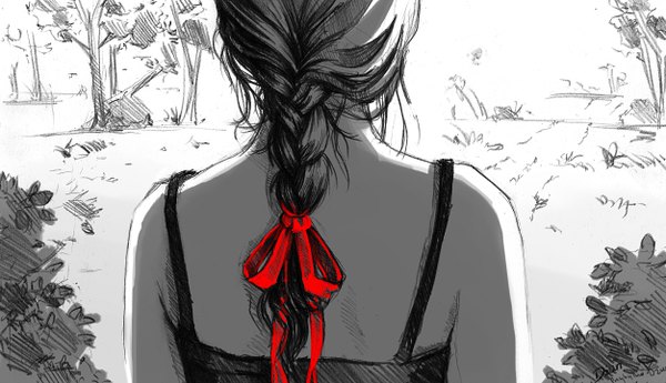 Anime picture 2504x1440 with original dzun single long hair highres wide image bare shoulders braid (braids) back single braid monochrome sketch girl bow ribbon (ribbons) plant (plants) hair bow hair ribbon tree (trees)