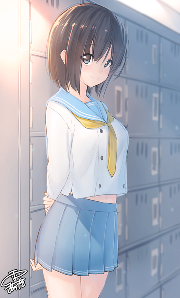 Anime picture 725x1200 with original yuki arare single tall image looking at viewer fringe short hair black hair smile hair between eyes standing signed indoors blurry grey eyes hands behind back holding arm locker room girl navel
