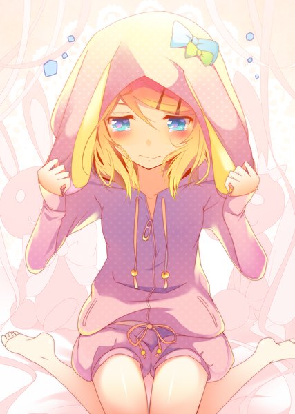 Anime picture 1425x2000 with vocaloid kagamine rin temari (deae) single tall image blush short hair blue eyes blonde hair sitting barefoot polka dot sad girl bow shorts hood toy stuffed animal teardrop