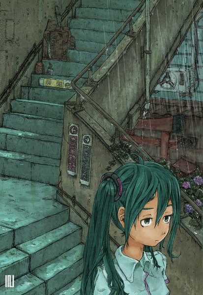 Anime picture 1025x1487 with vocaloid hatsune miku inukoko (artist) single long hair tall image twintails aqua eyes aqua hair rain girl flower (flowers) shirt stairs garbage