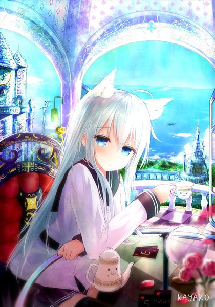 Anime picture 777x1111 with kantai collection hibiki destroyer verniy destroyer kayakooooo single long hair tall image looking at viewer blush fringe blue eyes hair between eyes sitting holding signed animal ears sky silver hair ahoge long sleeves