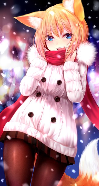 Anime picture 2000x3727 with original suke single tall image looking at viewer fringe highres short hair open mouth blue eyes blonde hair hair between eyes animal ears tail animal tail pleated skirt blurry fur trim fox ears fox tail