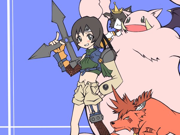 Anime picture 1024x768 with final fantasy final fantasy vii square enix yuffie kisaragi cait sith red xiii hentai (1985) short hair brown hair brown eyes midriff unzipped fishnet open fly thighhighs gloves hat shorts armor fingerless gloves