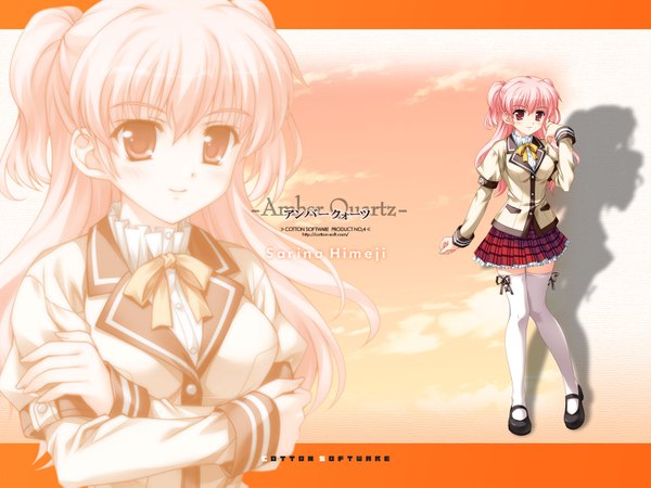 Anime picture 1600x1200 with amber quartz himeji sarina ankoromochi single long hair blush pink hair pink eyes shadow two side up zettai ryouiki copyright name character names adjusting hair girl thighhighs uniform school uniform white thighhighs shoes